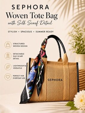 NWOT- Sephora Tan Woven Tote with Black Trim and Multicolor Floral Scarf